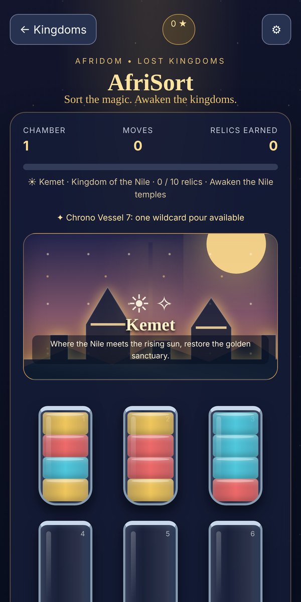 AfriSort gameplay: the Kemet chamber with glowing sorting vessels
